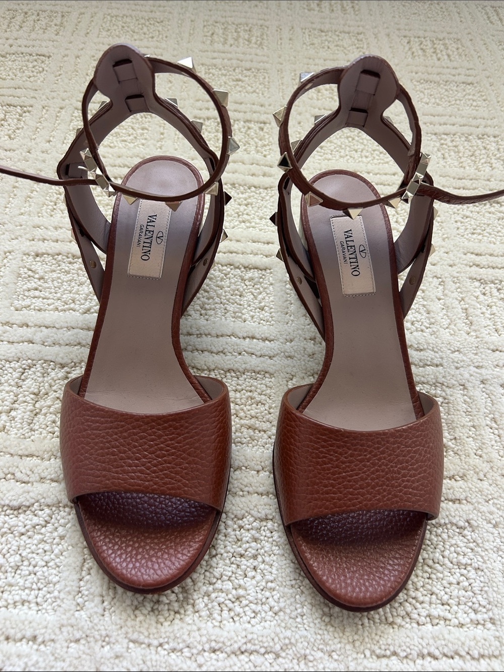 Valentino Brown Leather Studded Ankle-Strap Heels